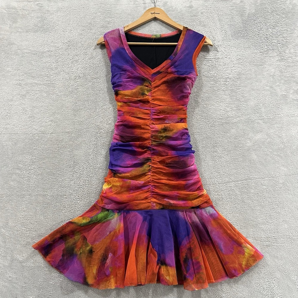 Elana Kattan Midi Dress XS Tie Dye Mesh Ruched Y2K Fairycore Art to Wear Vtg
